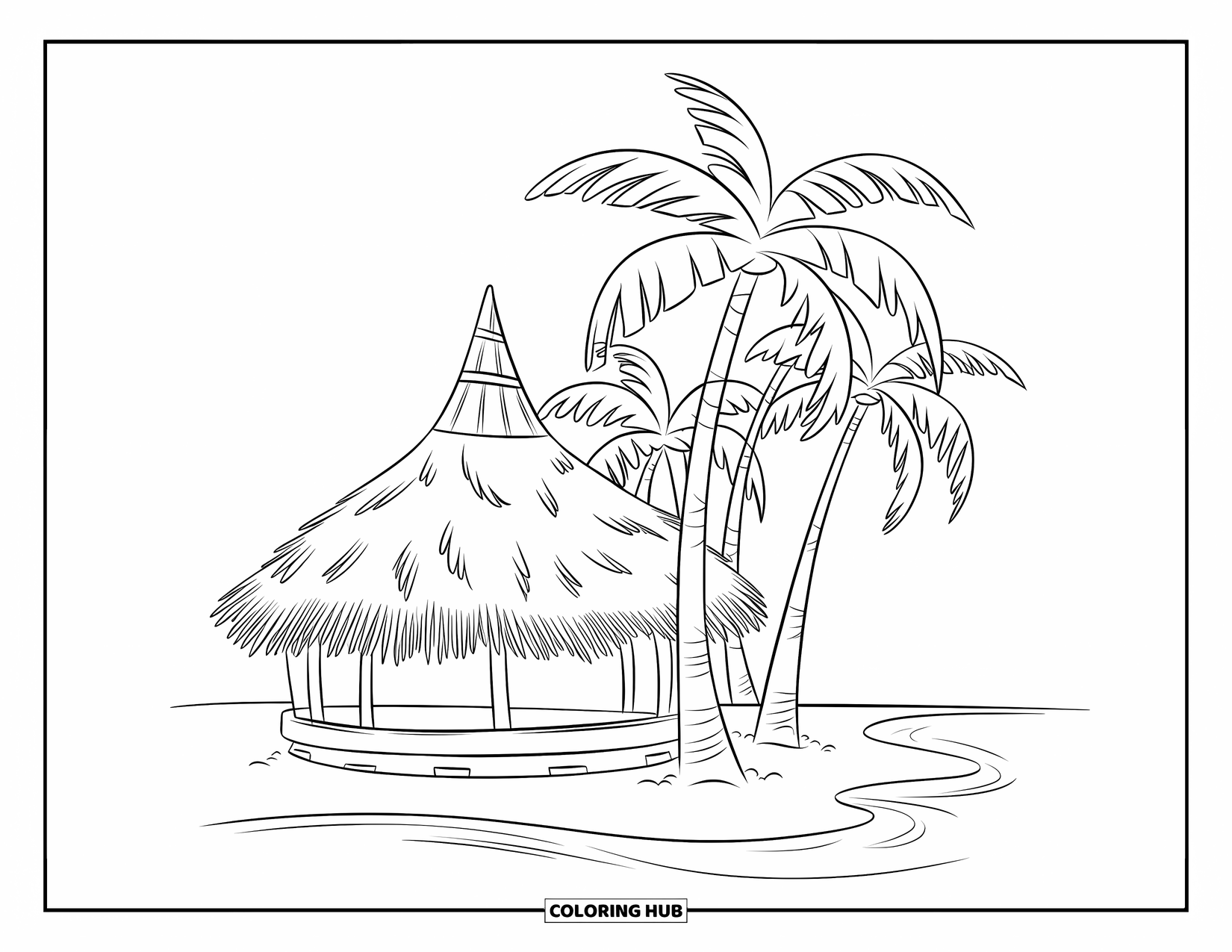 Architecture Coloring Page for Kids: A tropical hut with palm trees rests peacefully on a sunny beach