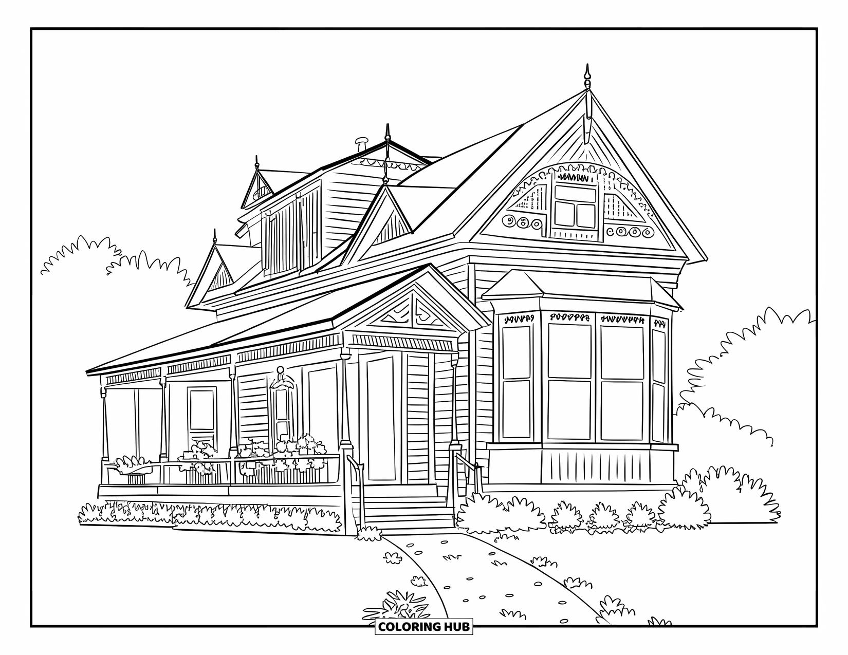 Architecture Coloring Page for Kids: A Victorian house with a porch and garden path under clear skies
