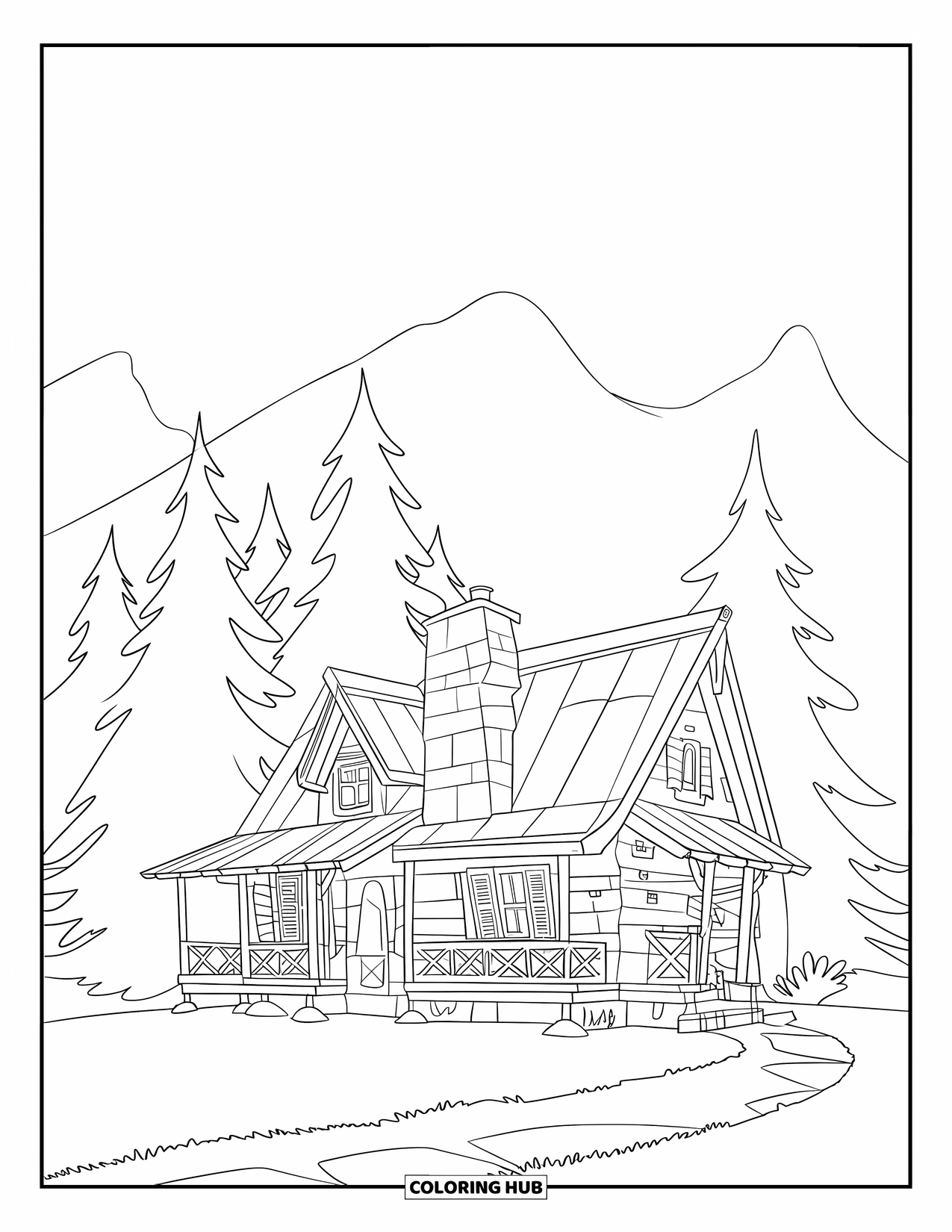 Architecture Coloring Page for Kids: A warm wooden cabin sits beneath pines and mountains in clear weather