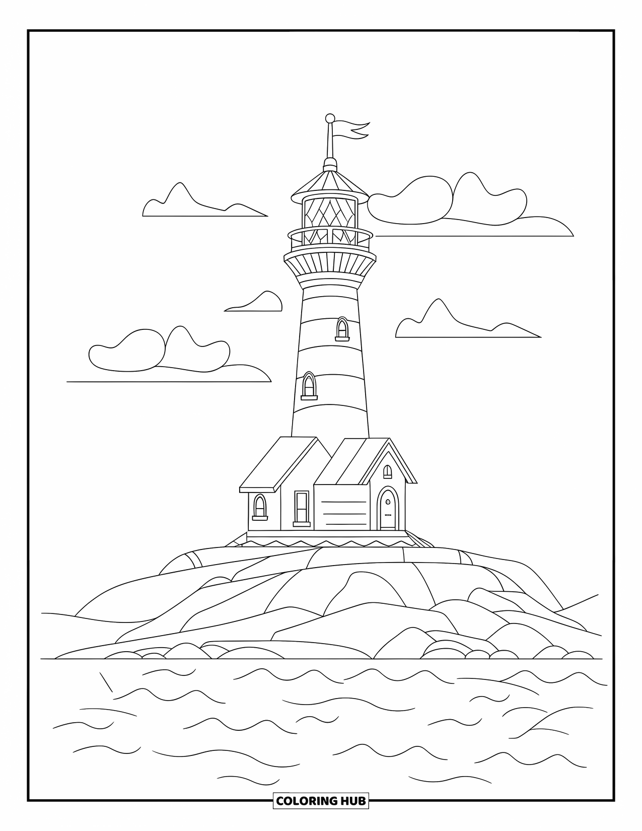 Architecture Coloring Page for Kids: A wide lighthouse with a flag stands proudly over the gentle ocean