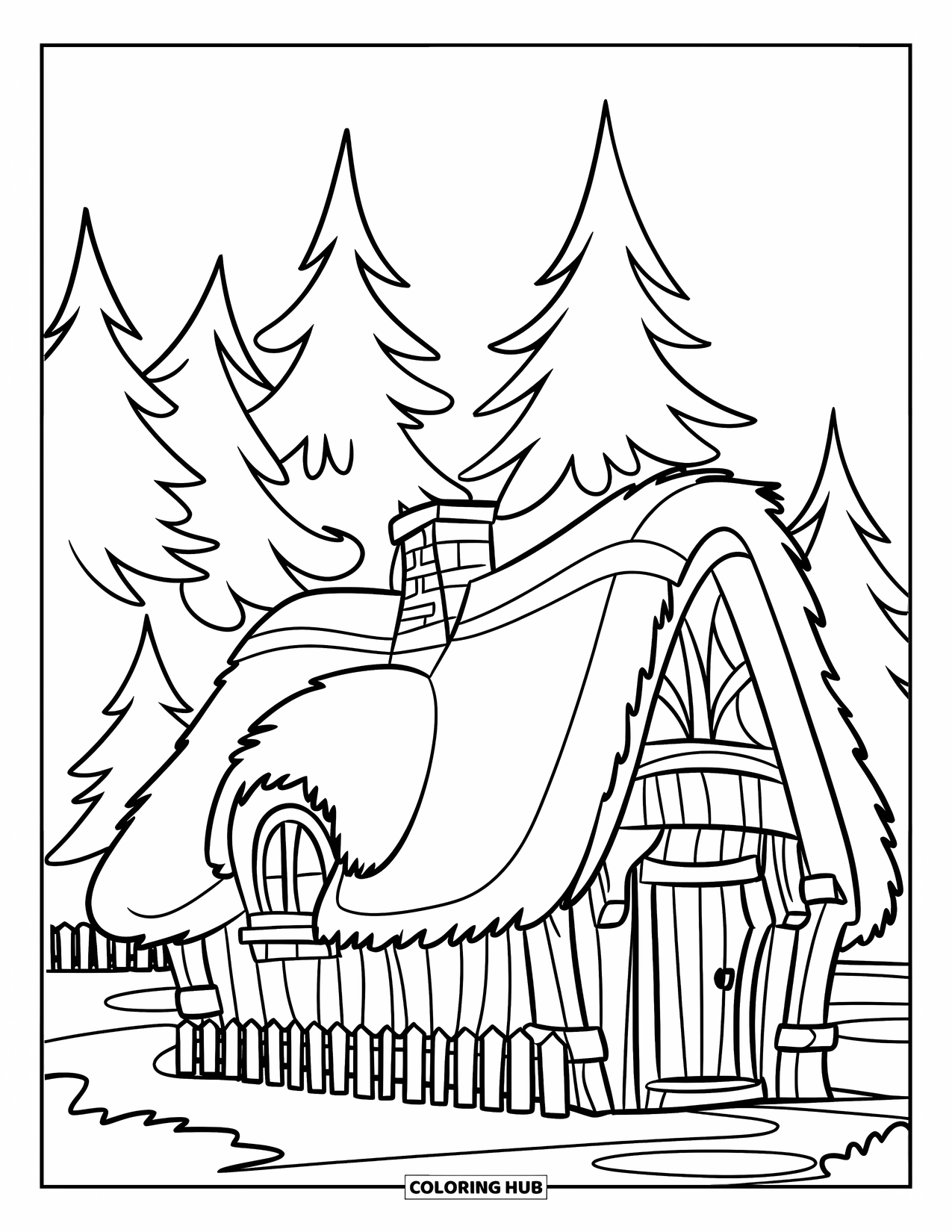 Architecture Coloring Page for Kids: A wooden cabin surrounded by pine trees stands under a bright sky