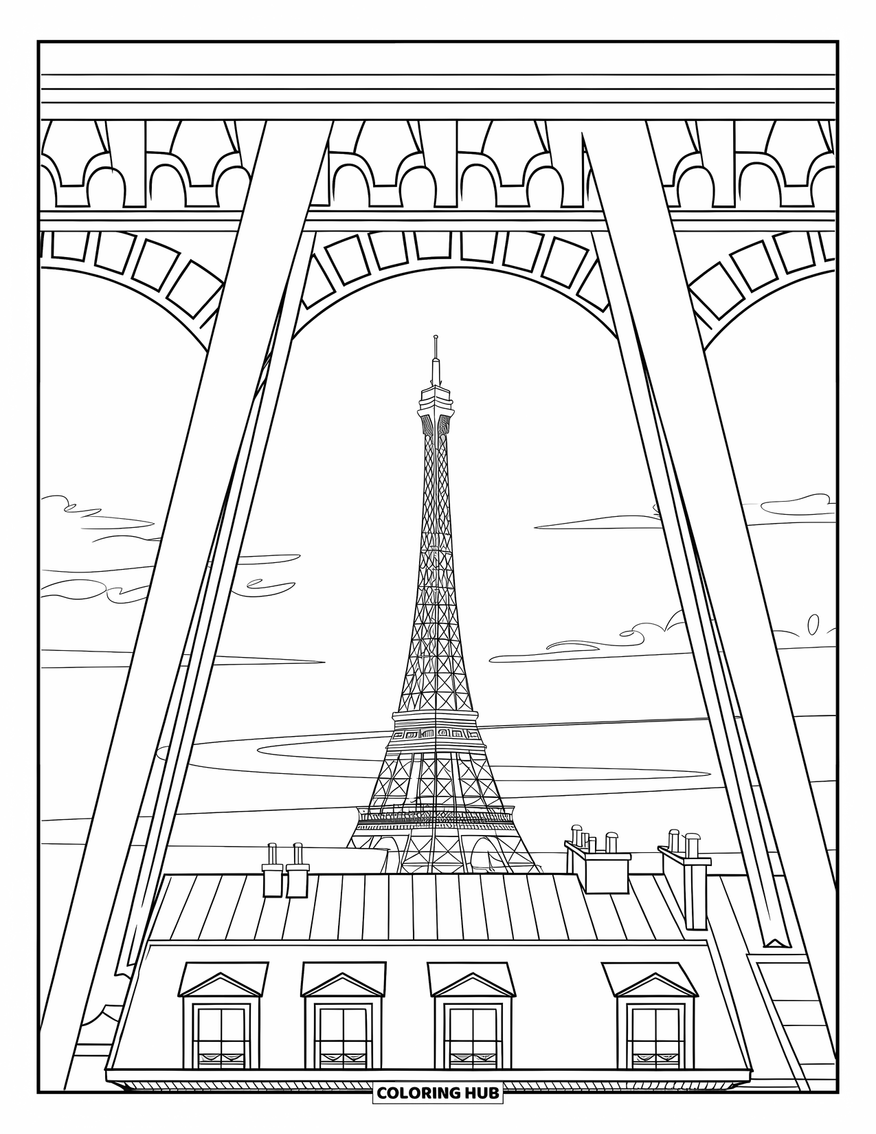 Architecture Coloring Page for Kids: Paris rooftops stretch beneath the Eiffel Tower's graceful steel beams