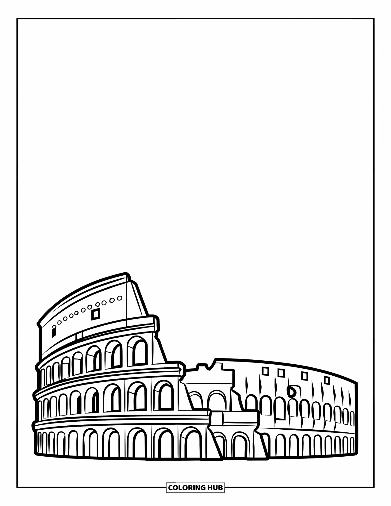 Architecture Coloring Page for Kids: Ruined Colosseum walls curve around empty steps under clear skies