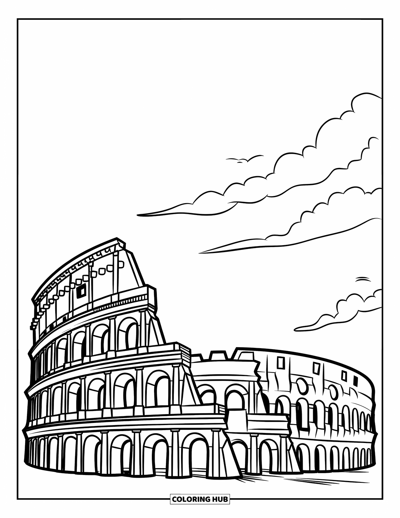 Architecture Coloring Page for Kids: The ancient Colosseum rises proudly with arches and cloudy skies