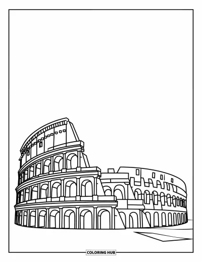 Építészeti kifestő gyerekeknek: A Colosseum romokban áll ívekkel és lépcsőkkel az ókori Rómából