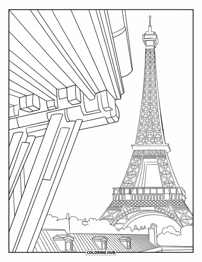 Építészeti kifestő gyerekeknek: Az Eiffel-torony ragyog Párizs felett álomszerű, modern stílusban