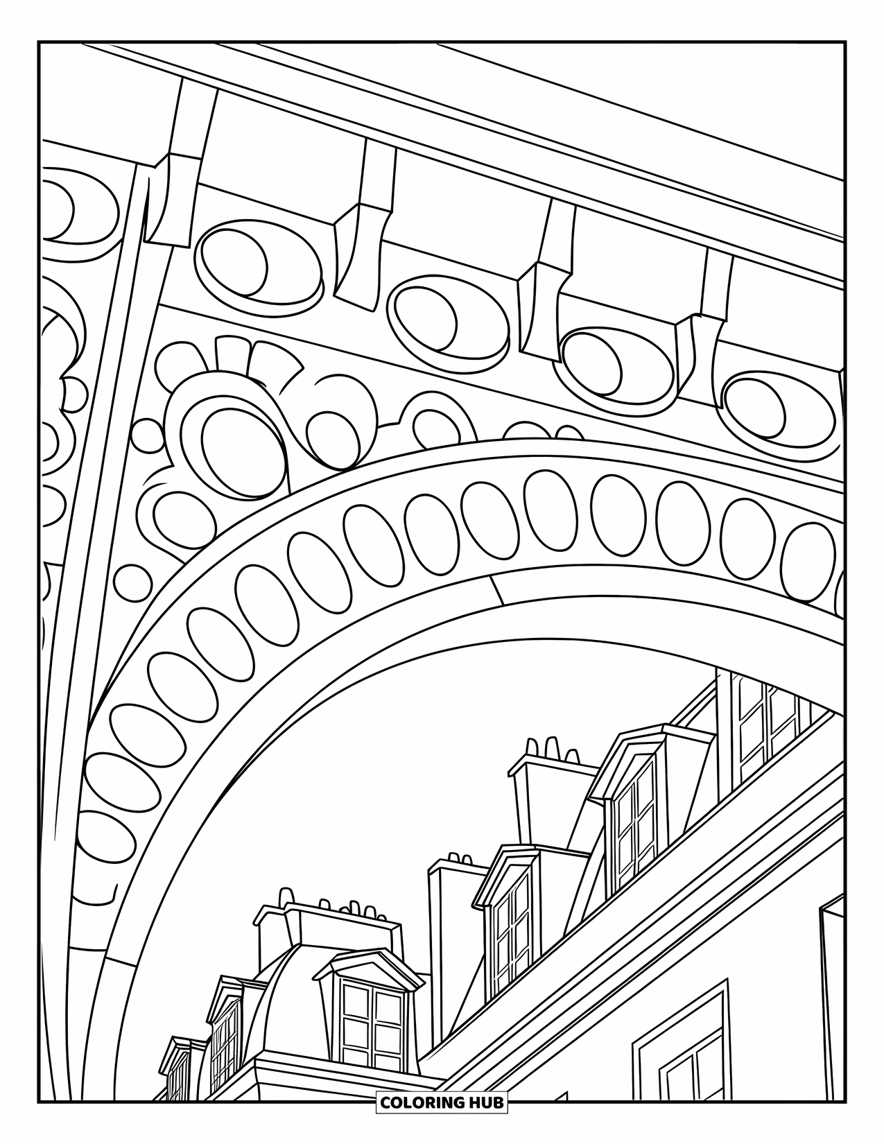 Architecture Coloring Page for Kids: The Eiffel Tower rises tall above Paris rooftops and chimneys