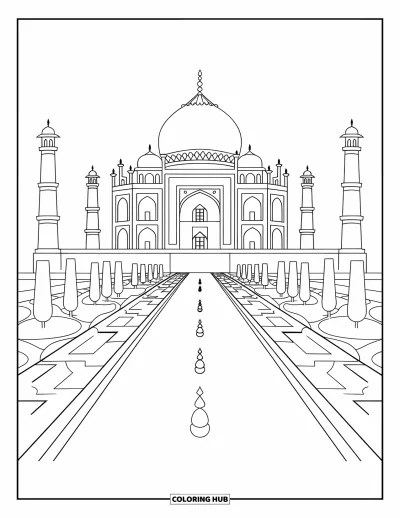 Építészeti kifestő gyerekeknek: A Taj Mahal ragyog kertek, kupolák és fehér minaretek között