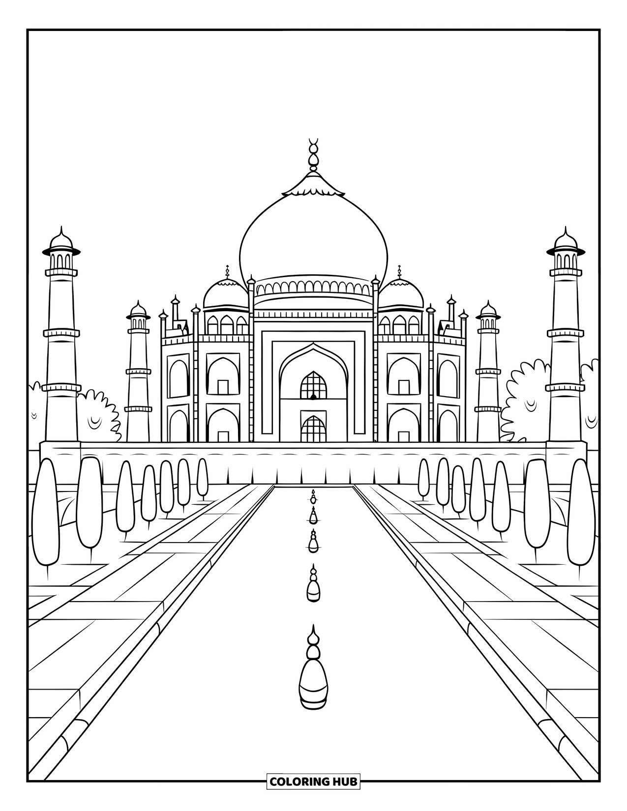 Architecture Coloring Page for Kids: The Taj Mahal shines above its reflecting pool and graceful minarets