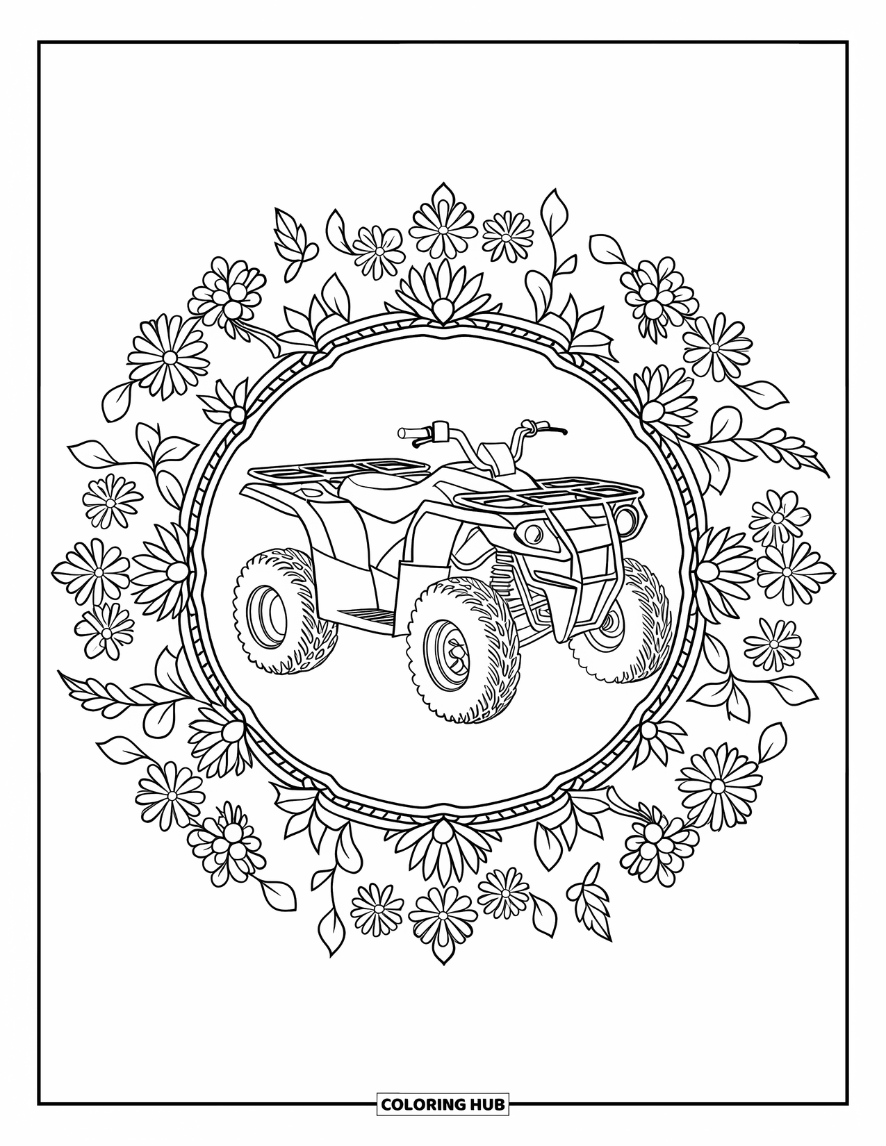 Atv Coloring Page for Adults: A centered ATV is surrounded by vines and flowers in a floral mandala