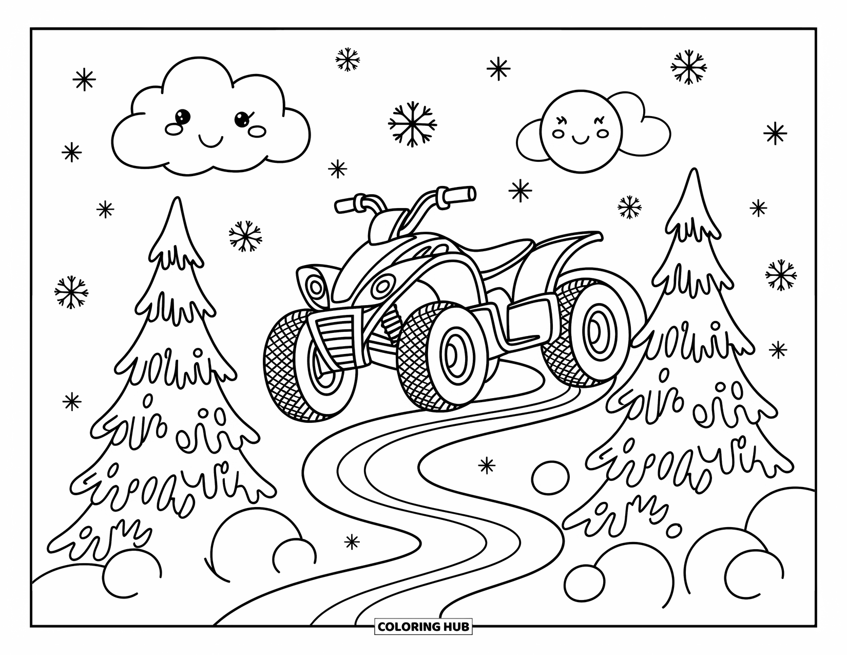 Atv Coloring Page for Adults: A cheerful ATV ascends a snowy hill beneath a smiling moon and soft snowflakes