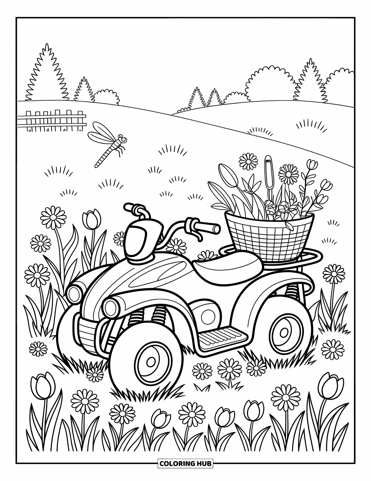 Atv Coloring Page for Adults: A cute ATV rests in a spring meadow with flowers and a dragonfly nearby