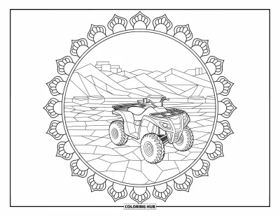 Coloriage de quad pour adultes : Une scène de quad dans le désert avec un sol à motifs et une bordure de mandala autour de montagnes et d'un bâtiment