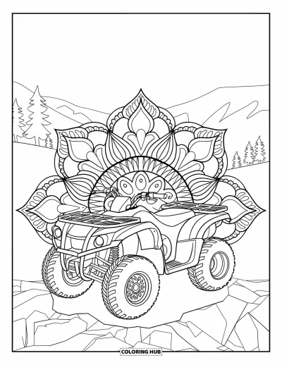 Coloriage de quad pour adultes : Un quad détaillé se dresse sur un terrain rocheux entouré de mandalas floraux et de montagnes