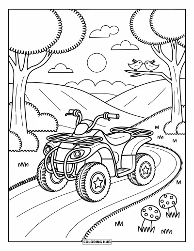 Coloriage de quad pour adultes : Un sentier forestier accueille un quad mignon entouré d'arbres duveteux et de petits oiseaux perchés