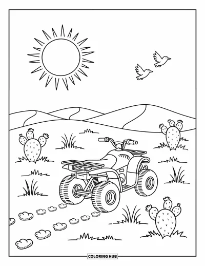 Coloriage de quad pour adultes : Un quad joyeux avance sur des collines sablonneuses avec des boutons de cactus et des touffes d'herbe