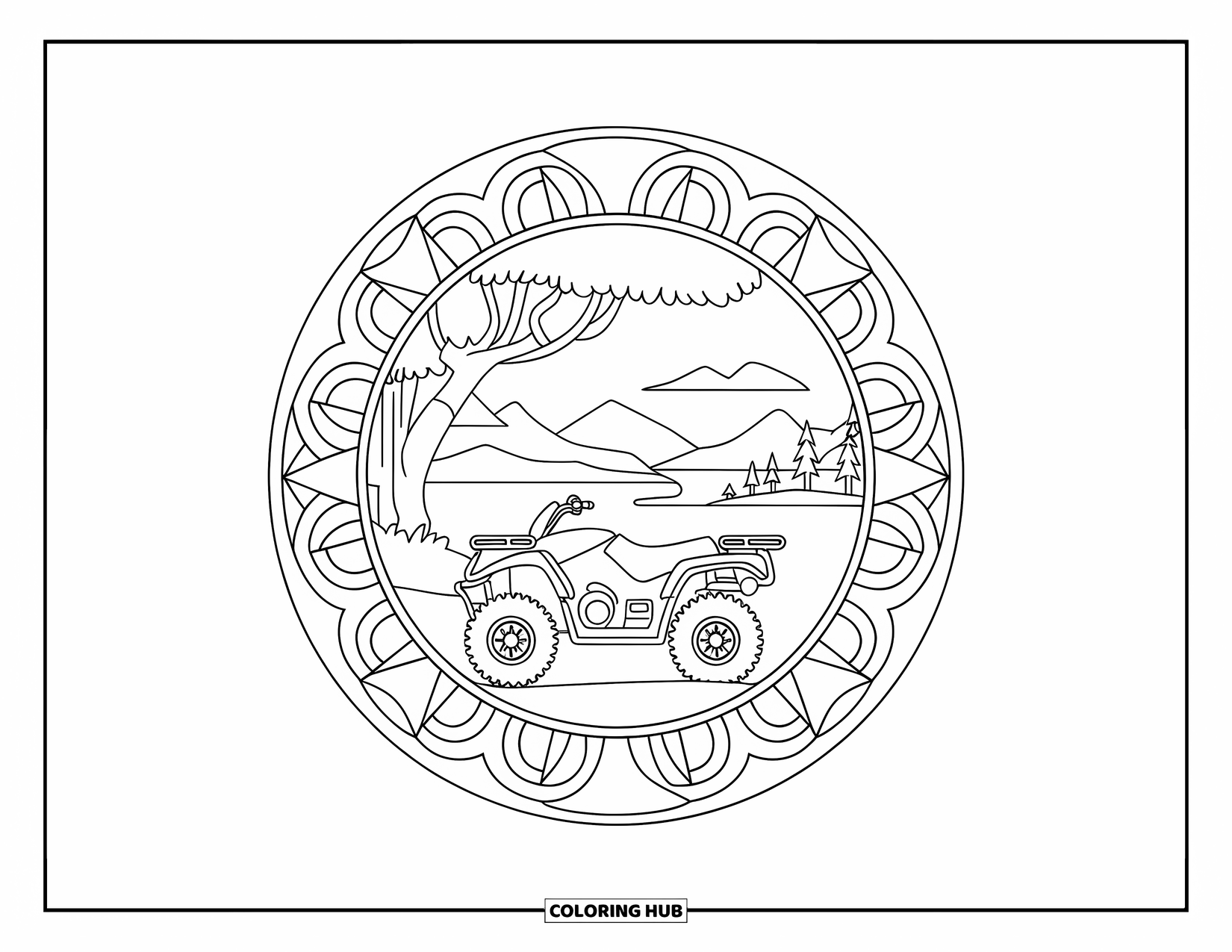 Atv Coloring Page for Adults: A mandala scene shows an ATV under a tree by a lake and trees