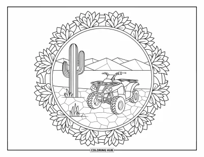 Coloriage de quad pour adultes : Un quad garé près d'un cactus dans un désert encadré d'un mandala avec des montagnes au loin