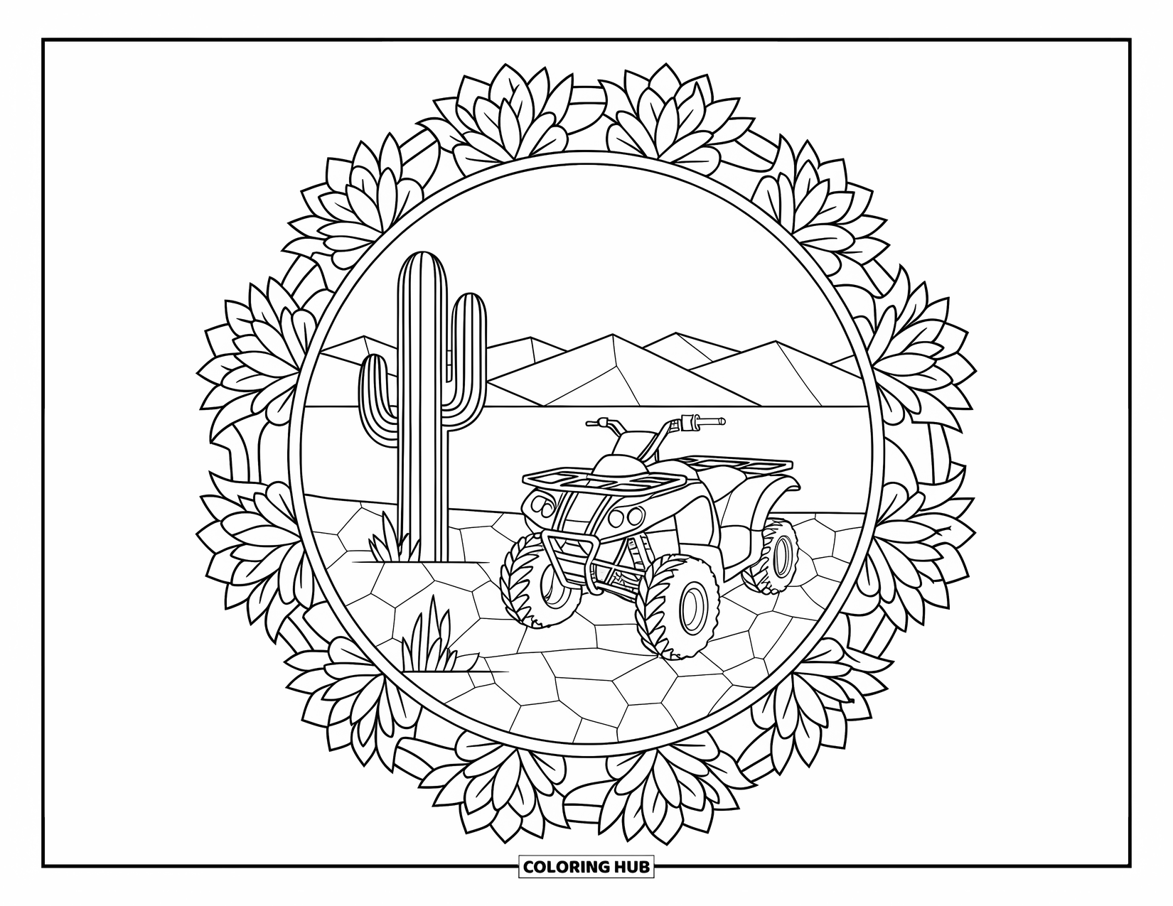 Atv Coloring Page for Adults: A parked ATV near a cactus in a mandala-framed desert with distant mountains