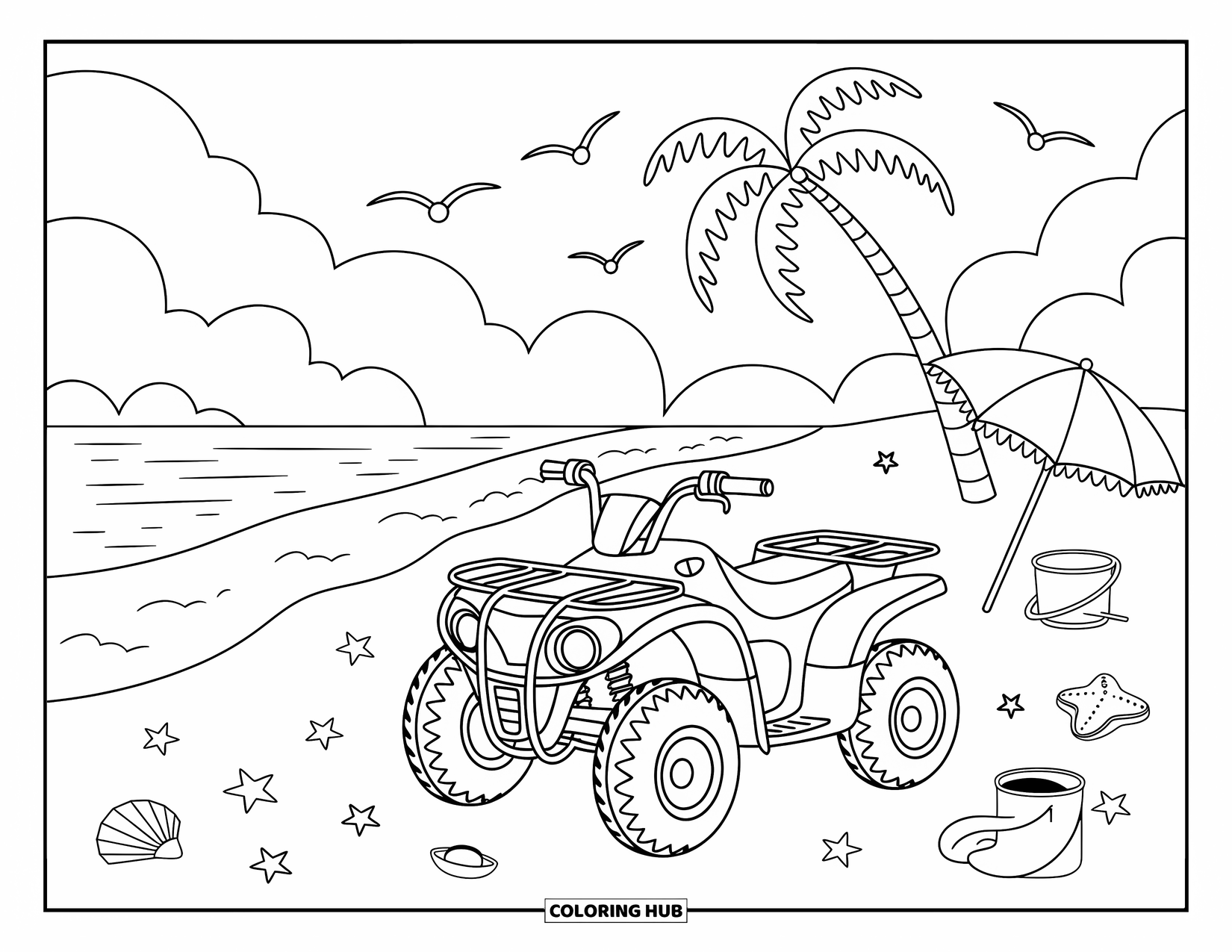 Atv Coloring Page for Adults: A peaceful beach scene with an ATV near waves, a pail, and soaring seagulls