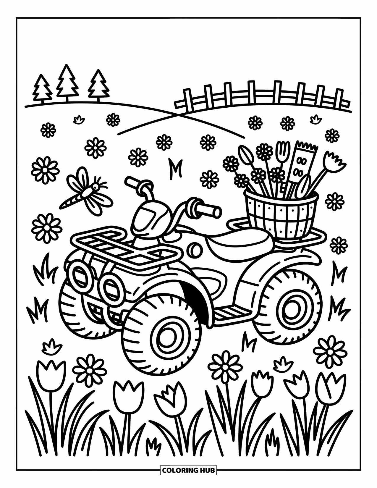 Atv Coloring Page for Adults: A playful ATV parks in a meadow with flowers, a fence, and a dragonfly