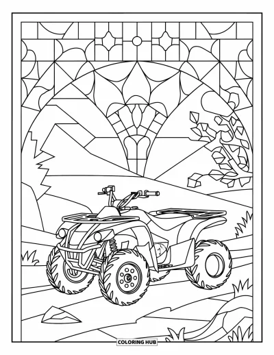 Coloriage de quad pour adultes : Un quad vu de côté repose sur un chemin de terre encadré de motifs géométriques style vitrail