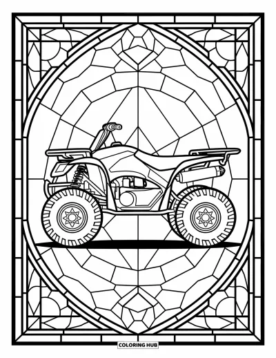 Coloriage de quad pour adultes : Un quad vu de côté se dresse sur un sol rocheux dans un cadre géométrique style vitrail