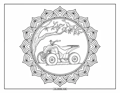 Coloriage de quad pour adultes : Un quad élégant repose sous un arbre, encadré par un mandala géométrique