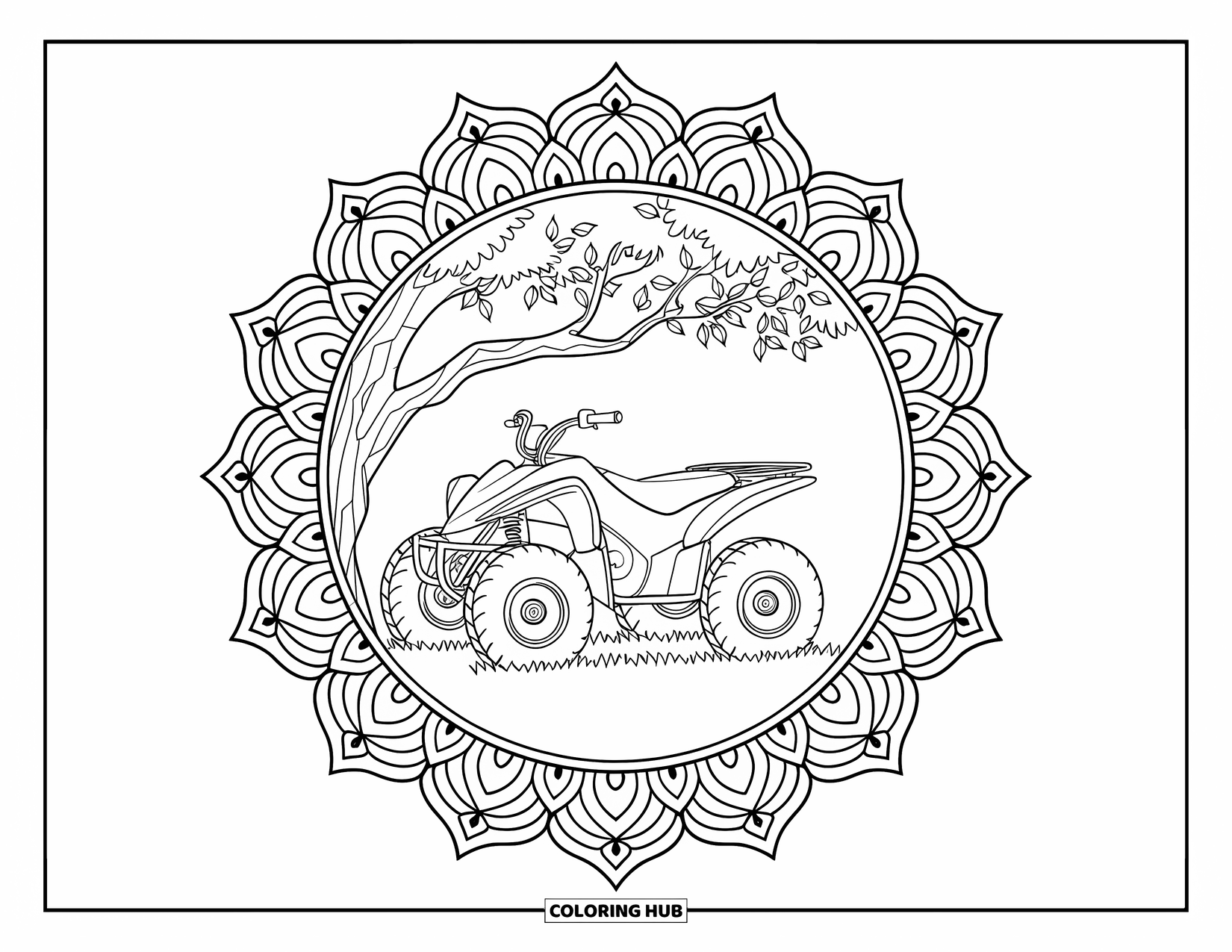 Atv Coloring Page for Adults: A sleek ATV rests under a tree, framed by a geometric mandala