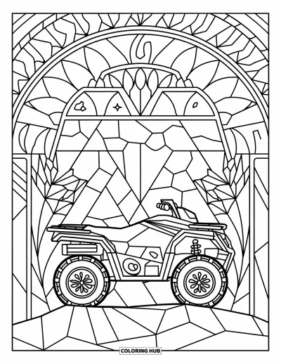 Coloriage de quad pour adultes : Un motif style vitrail encadre un quad vu de côté entouré de plantes et de rochers