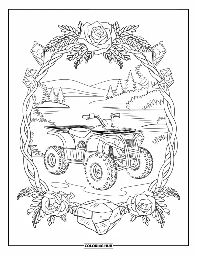 Coloriage de quad pour adultes : Un quad vintage dans un cadre de roses et de fougères près de l'eau, d'arbres et d'un pont de pierre