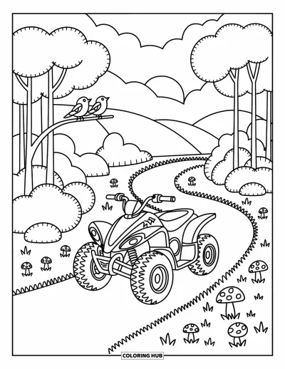 Coloriage de quad pour adultes : Un adorable quad repose sous des arbres avec des oiseaux, des champignons et une colline baignée de soleil