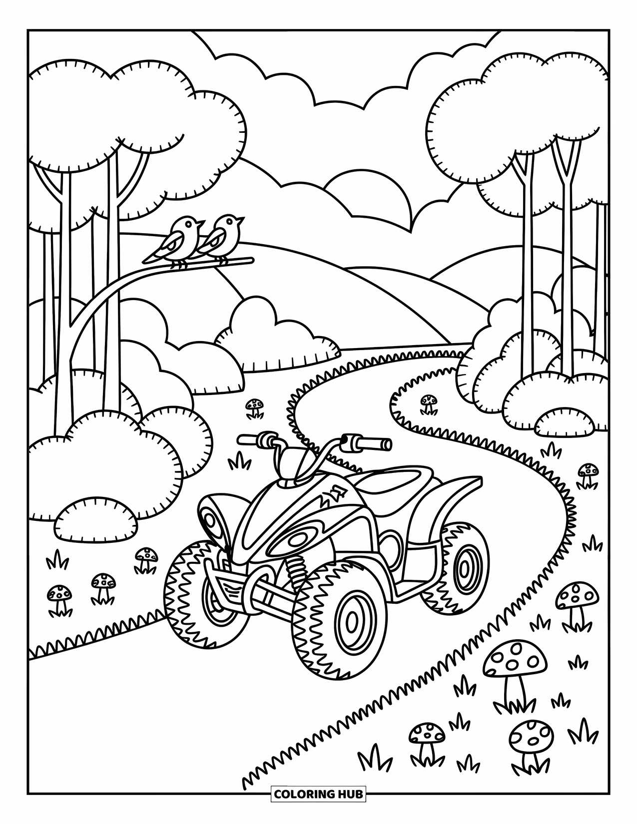 Atv Coloring Page for Adults: An adorable ATV rests under trees with birds, mushrooms, and a sunlit hill