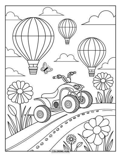 Coloriage de quad pour adultes : Un quad gravit une colline bordée de grandes fleurs et de montgolfières en vol