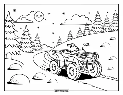 Coloriage de quad pour adultes : Un quad grimpe un sentier enneigé bordé d'arbres couverts de neige et de boules de neige joyeuses
