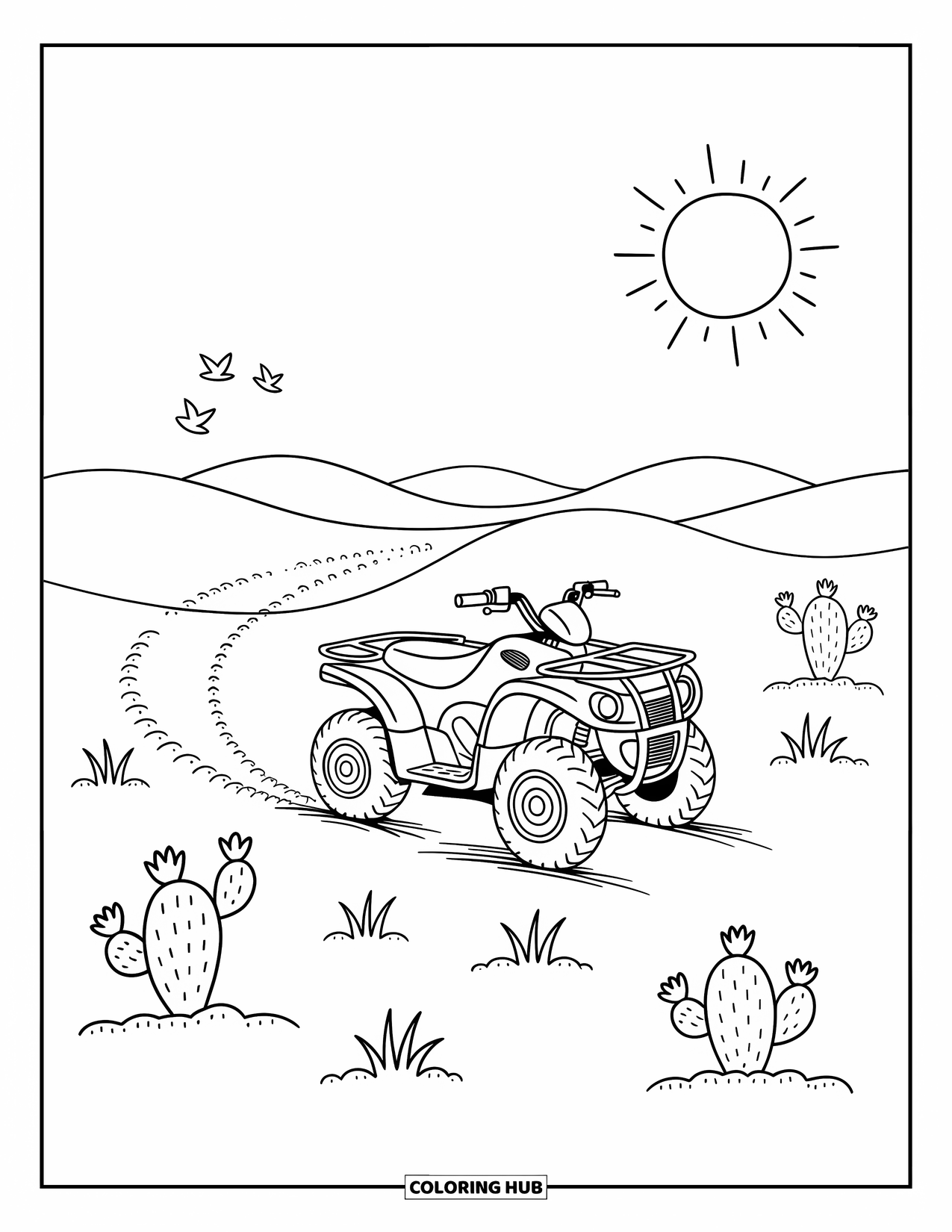 Atv Coloring Page for Adults: An ATV crosses sand dunes under the sun with cacti and swirling dust clouds