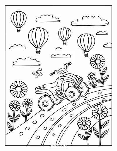 Coloriage de quad pour adultes : Un quad monte une colline fleurie sous des ballons et un papillon virevoltant
