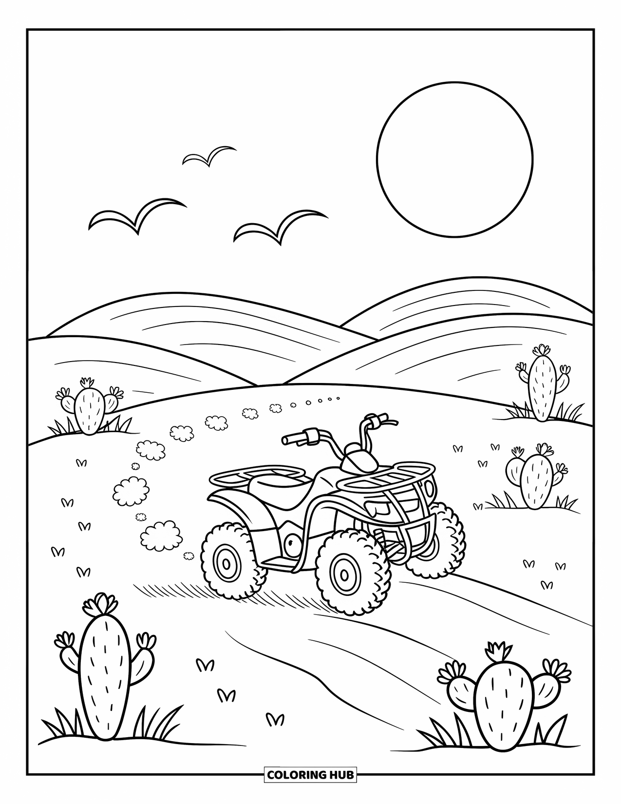 Atv Coloring Page for Adults: An ATV journeys through desert dunes with flowers, birds, and swirling dust clouds