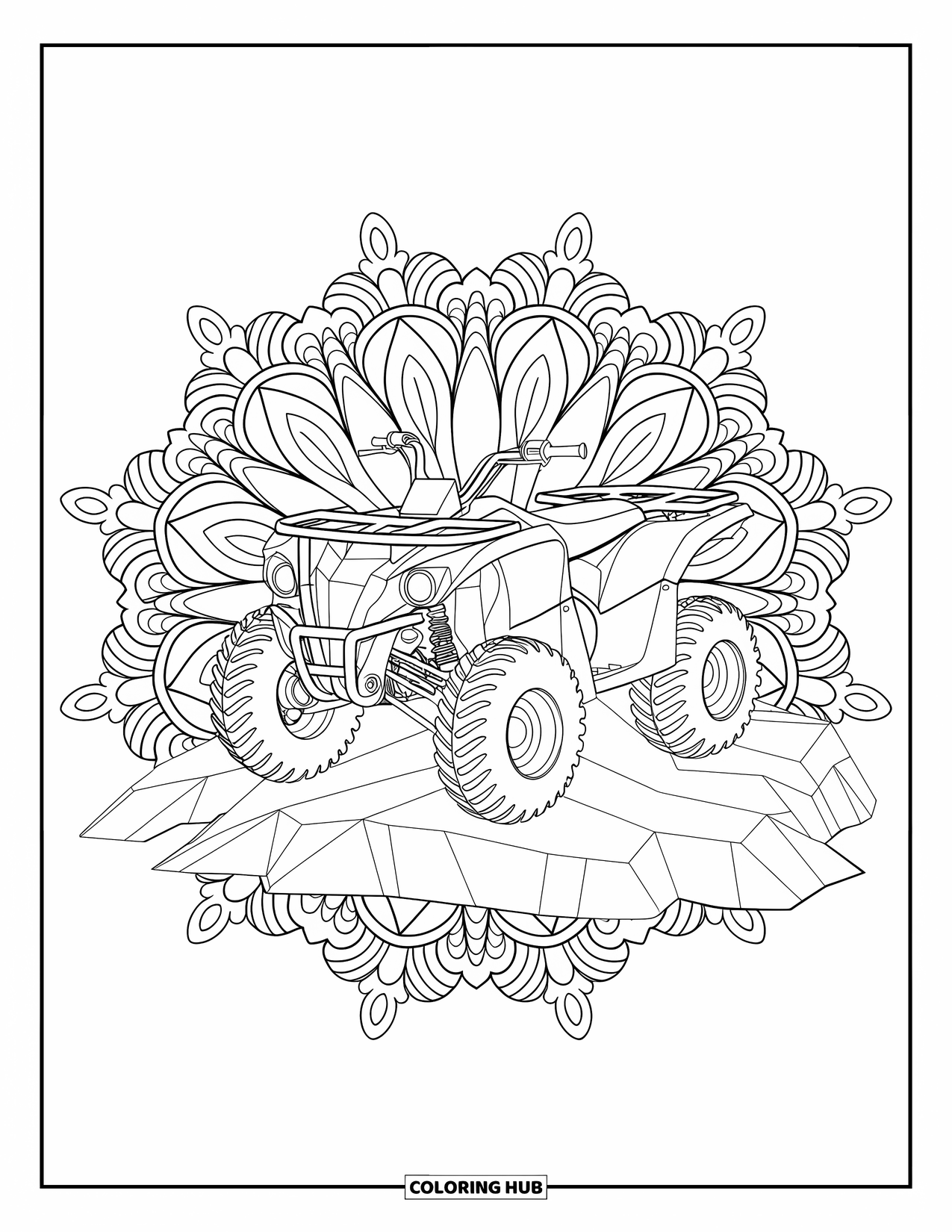 Atv Coloring Page for Adults: An ATV on rocky ground is framed by floral mandalas in a calm layout