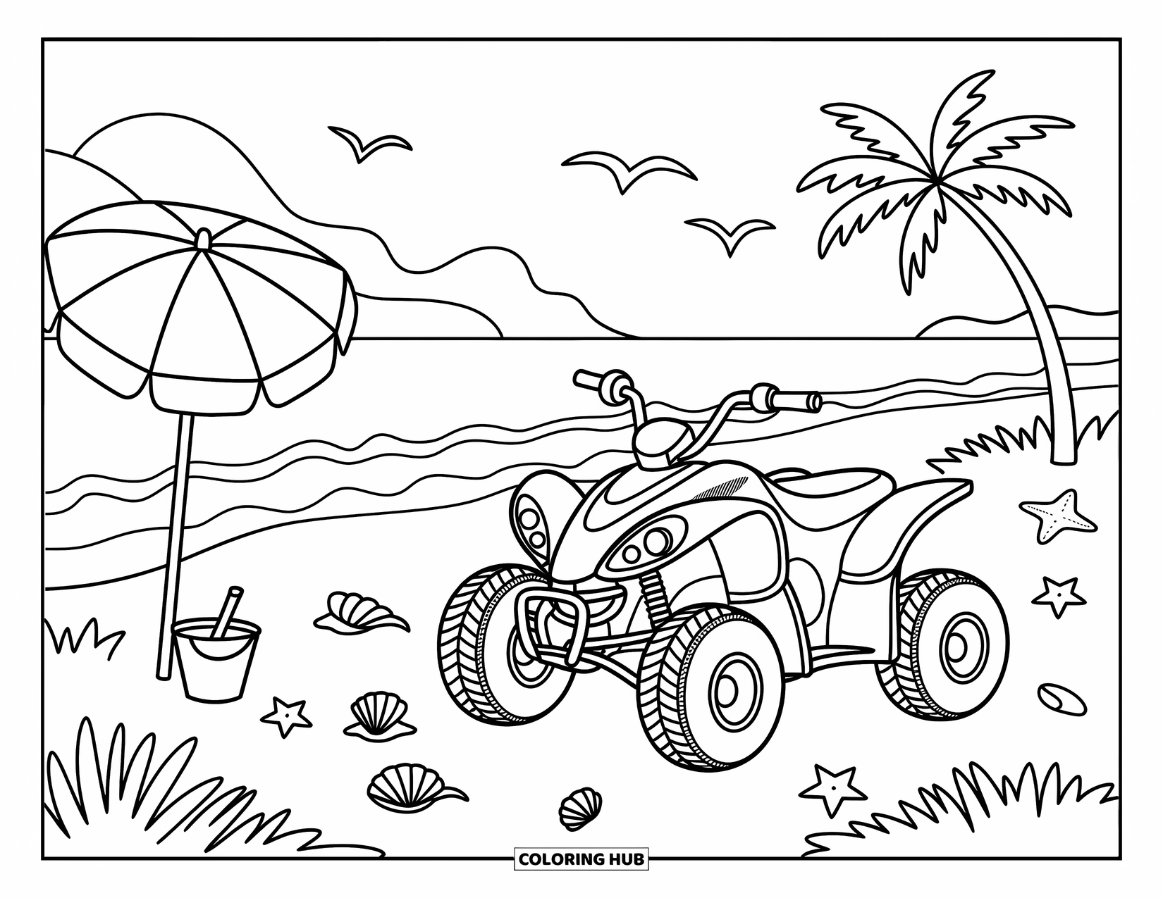 Atv Coloring Page for Adults: An ATV parks by the shore with a basket, umbrella, and beach treasures