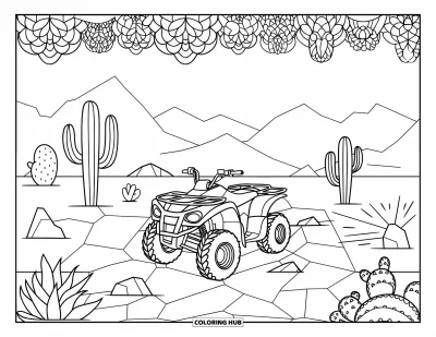 Coloriage de quad pour adultes : Un quad repose dans un désert avec un sol craquelé, des cactus et un cadre de mandala aux succulentes