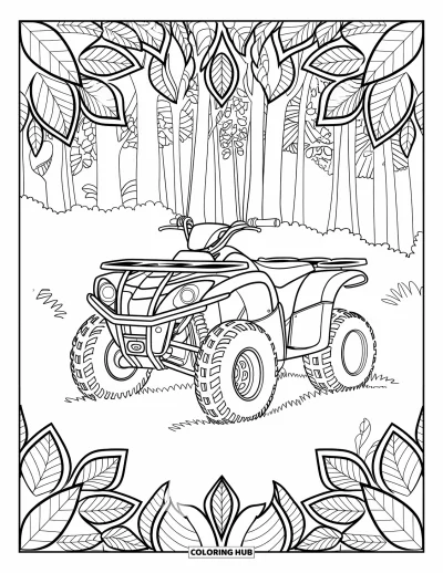 Coloriage de quad pour adultes : Un quad repose dans une clairière forestière avec des arbres et des mandalas de feuilles