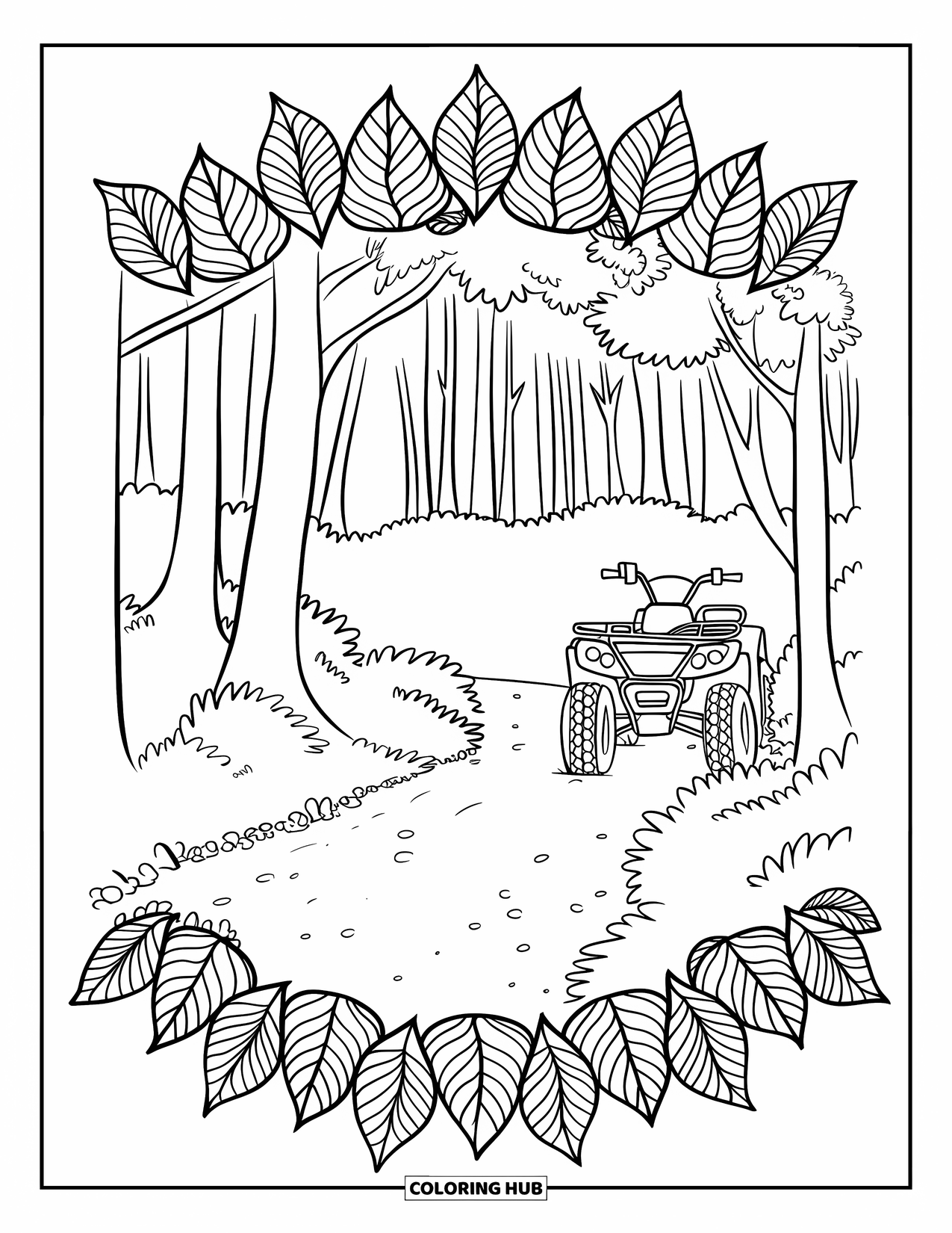 Atv Coloring Page for Adults: An ATV rests in a leafy clearing at the end of a wooded trail
