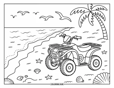Coloriage de quad pour adultes : Un quad repose sur une plage avec des coquillages, des étoiles de mer et un palmier penché