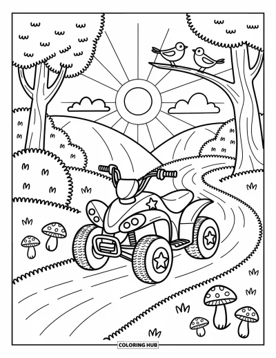 Coloriage de quad pour adultes : Un quad repose sur un sentier forestier entouré d'arbres, d'arbustes et de champignons