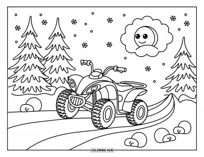 Coloriage de quad pour adultes : Un quad roule dans la neige tandis qu'une lune souriante apparaît derrière un nuage