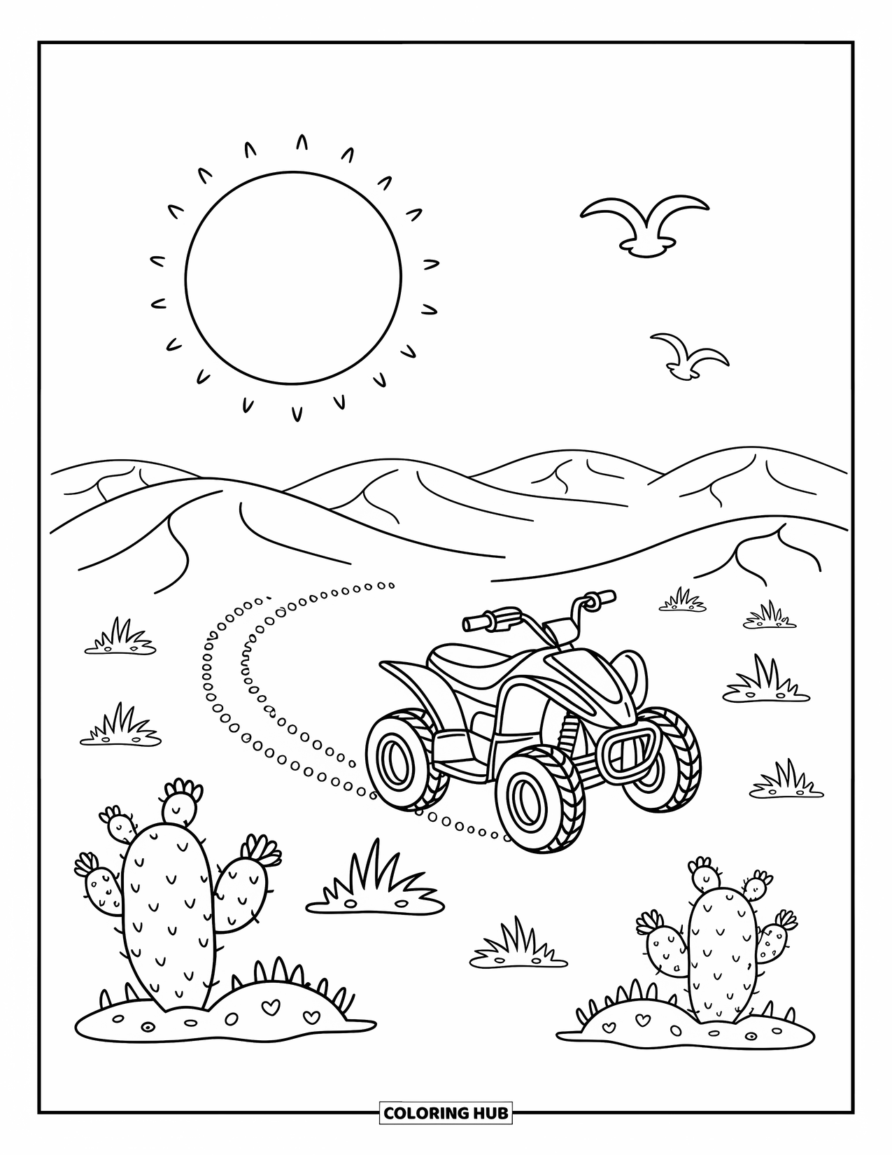 Atv Coloring Page for Adults: An ATV rides warm dunes past cacti and birds under a bright sunny sky