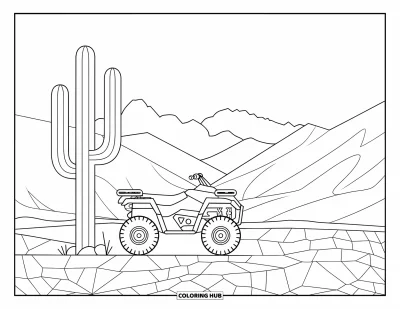 Coloriage de quad pour adultes : Un quad se dresse sur un sol désertique craquelé avec des montagnes et des cactus à proximité