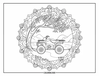 Coloriage de quad pour adultes : Un quad sous un arbre feuillu est entouré d'un mandala détaillé dans un paysage serein