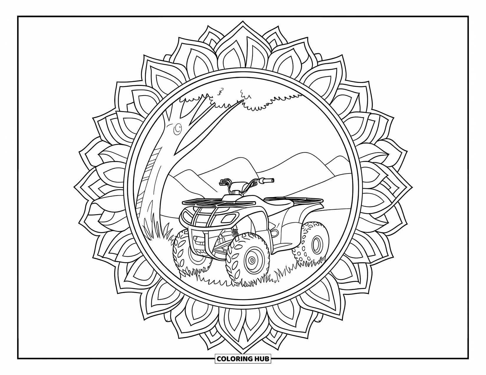 Atv Coloring Page for Adults: An ATV under a tree in a peaceful mountain scene framed by a mandala